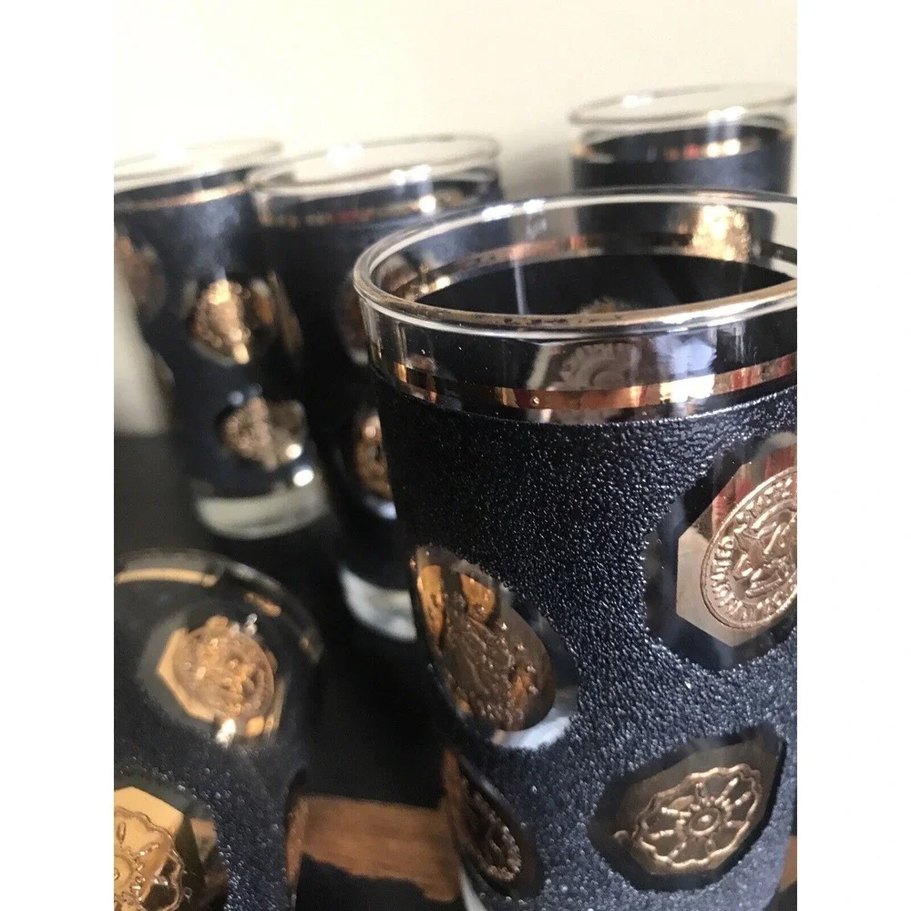 Libbey Black With Gold Coin Highball‎ Tea Glasses Set Of 2